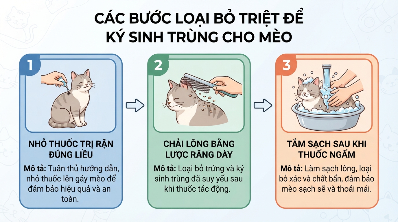Các bước phối hợp loại bỏ triệt để ký sinh trùng cho mèo.