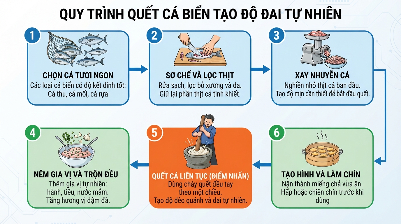 Các bước quết cá biển tươi tạo độ dai tự nhiên cho món bánh canh chả cá chuẩn vị.