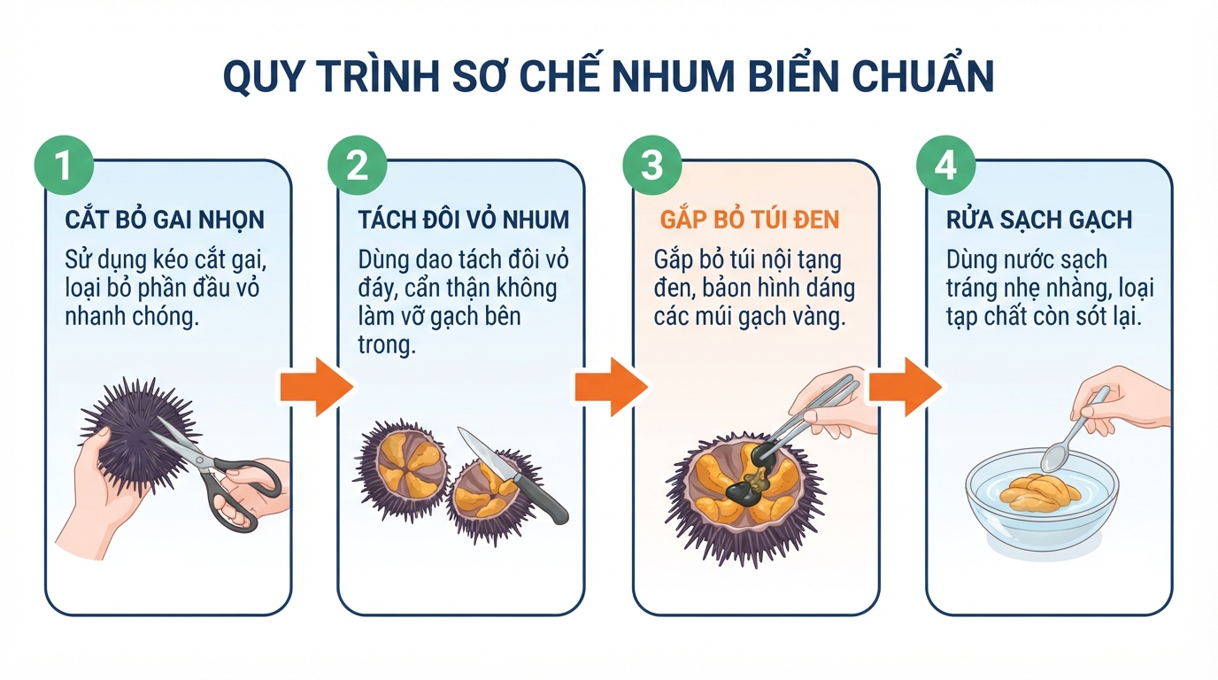 Các bước sơ chế chuẩn giúp tách gạch nhum sạch gai mà không bị vỡ.