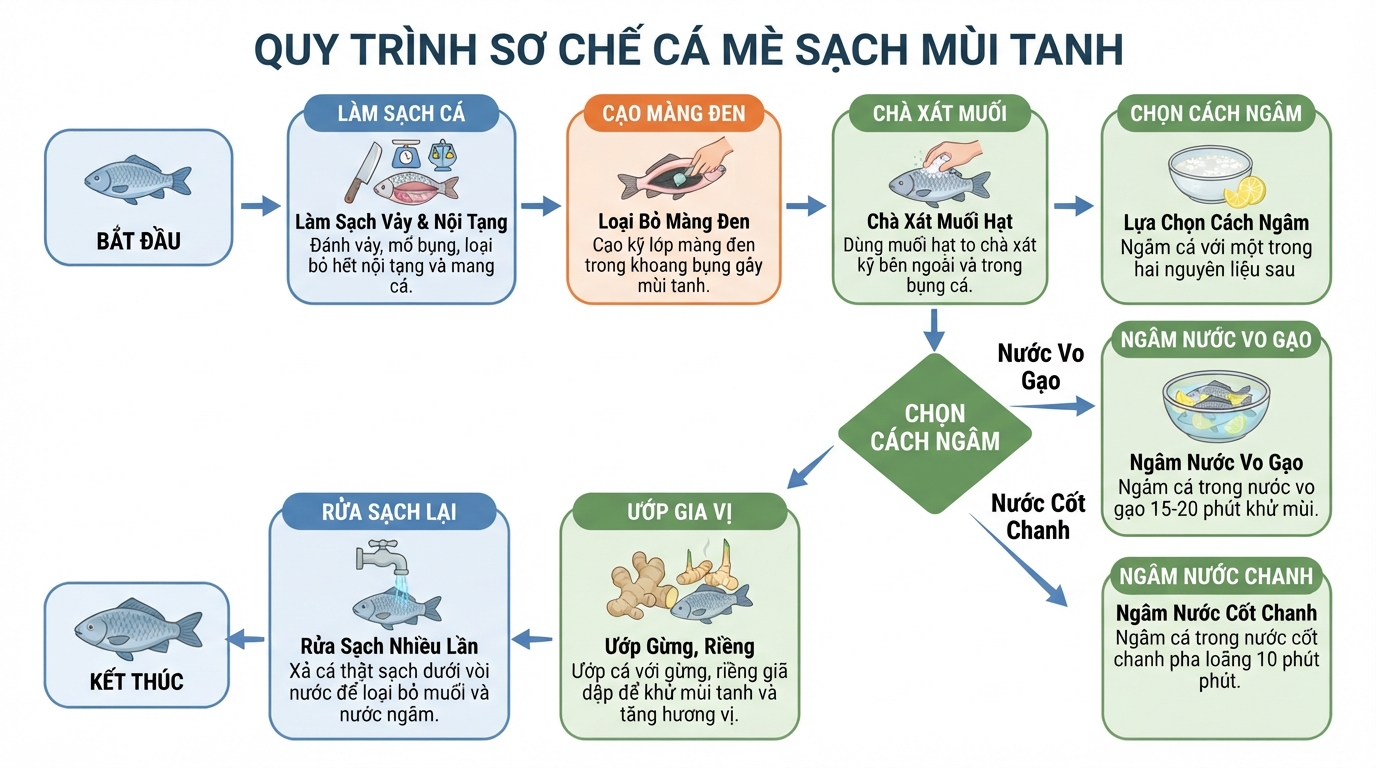 Các bước sơ chế giúp loại bỏ hoàn toàn mùi tanh và màng đen gây mùi ở cá mè.