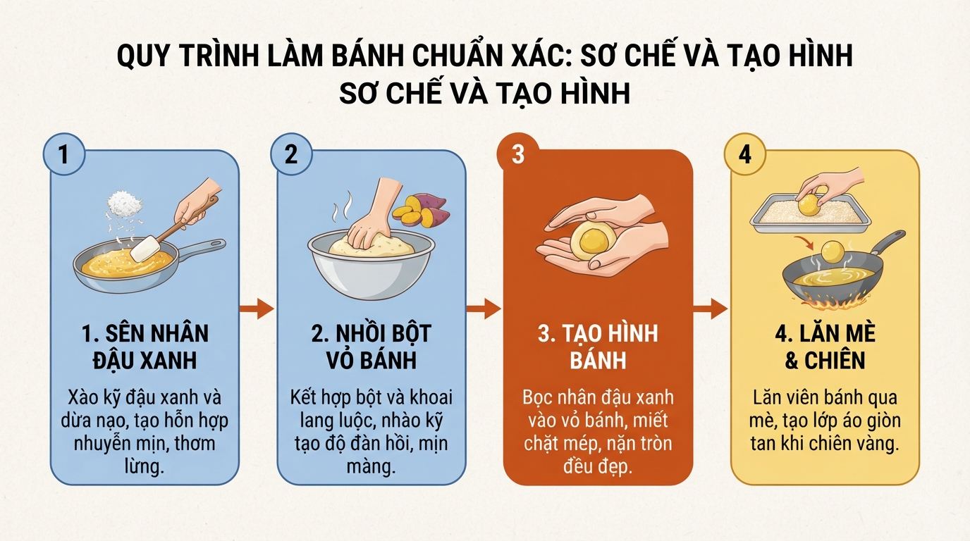 Các bước sơ chế nguyên liệu và tạo hình bánh chuẩn xác.