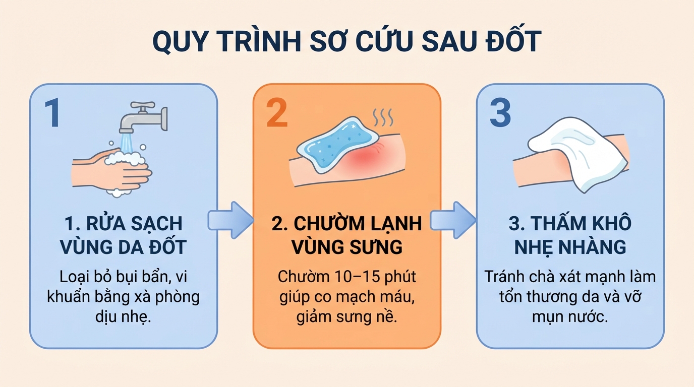 Các bước sơ cứu tại chỗ giúp giảm thiểu phản ứng viêm và sưng nề sau đốt.
