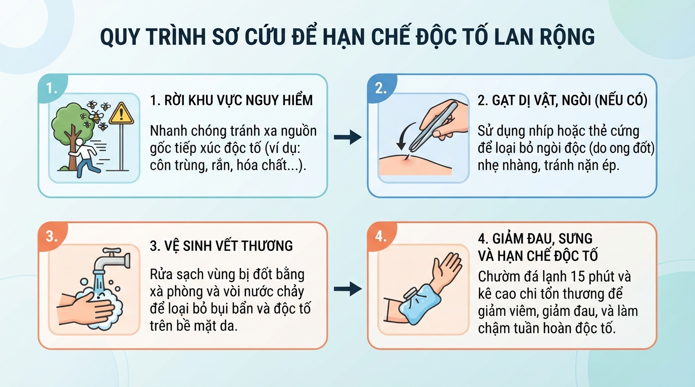 Các bước sơ cứu tại chỗ giúp hạn chế độc tố lan rộng vào cơ thể.