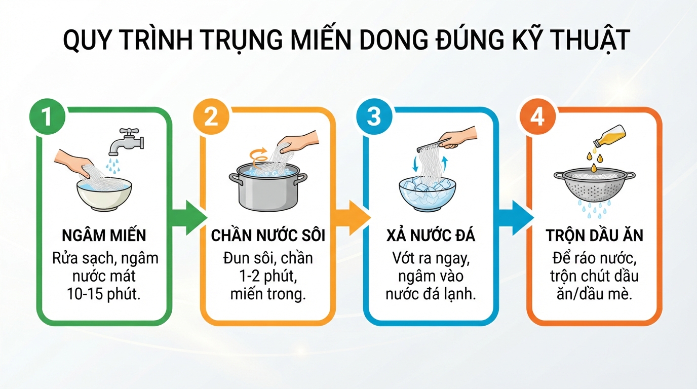 Các bước trụng miến dong đúng kỹ thuật giúp sợi miến giữ độ dai ngon tự nhiên.