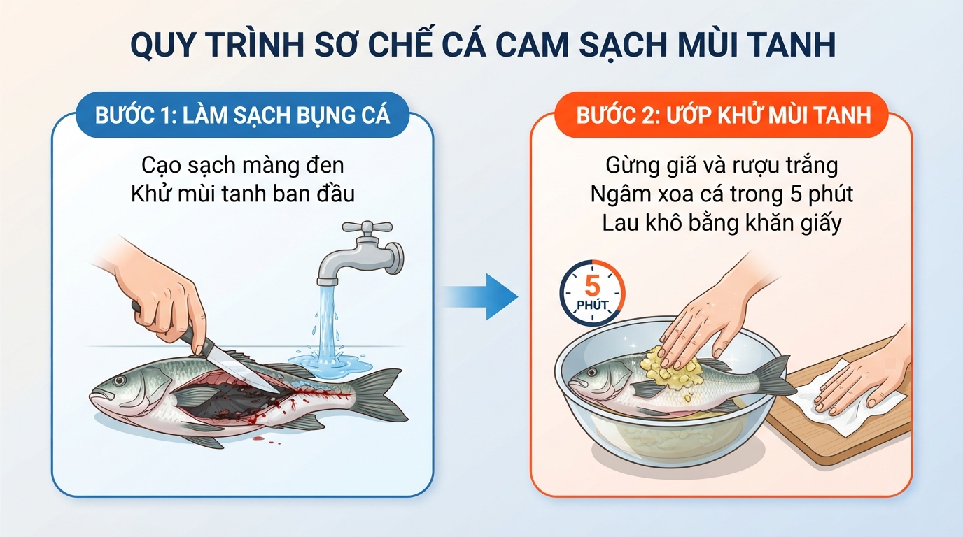 Các bước xử lý màng đen và ướp gừng rượu loại bỏ mùi biển.