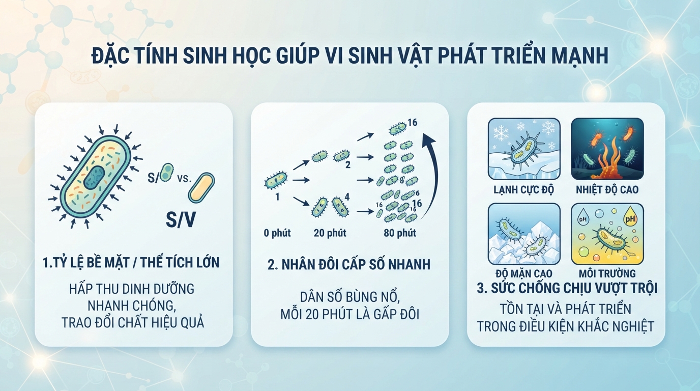 Các đặc tính sinh học giúp vi sinh vật thích nghi và phát triển mạnh mẽ trong mọi môi trường.