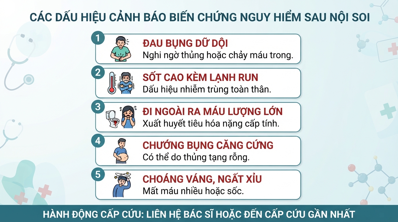 Các dấu hiệu cảnh báo biến chứng nguy hiểm cần liên hệ bác sĩ ngay sau nội soi.