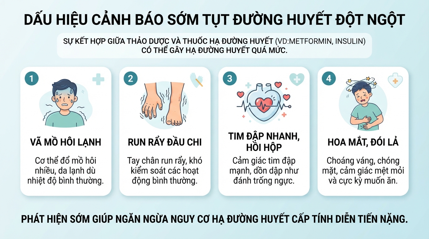 Các dấu hiệu cảnh báo sớm tình trạng tụt đường huyết đột ngột ở người bệnh.