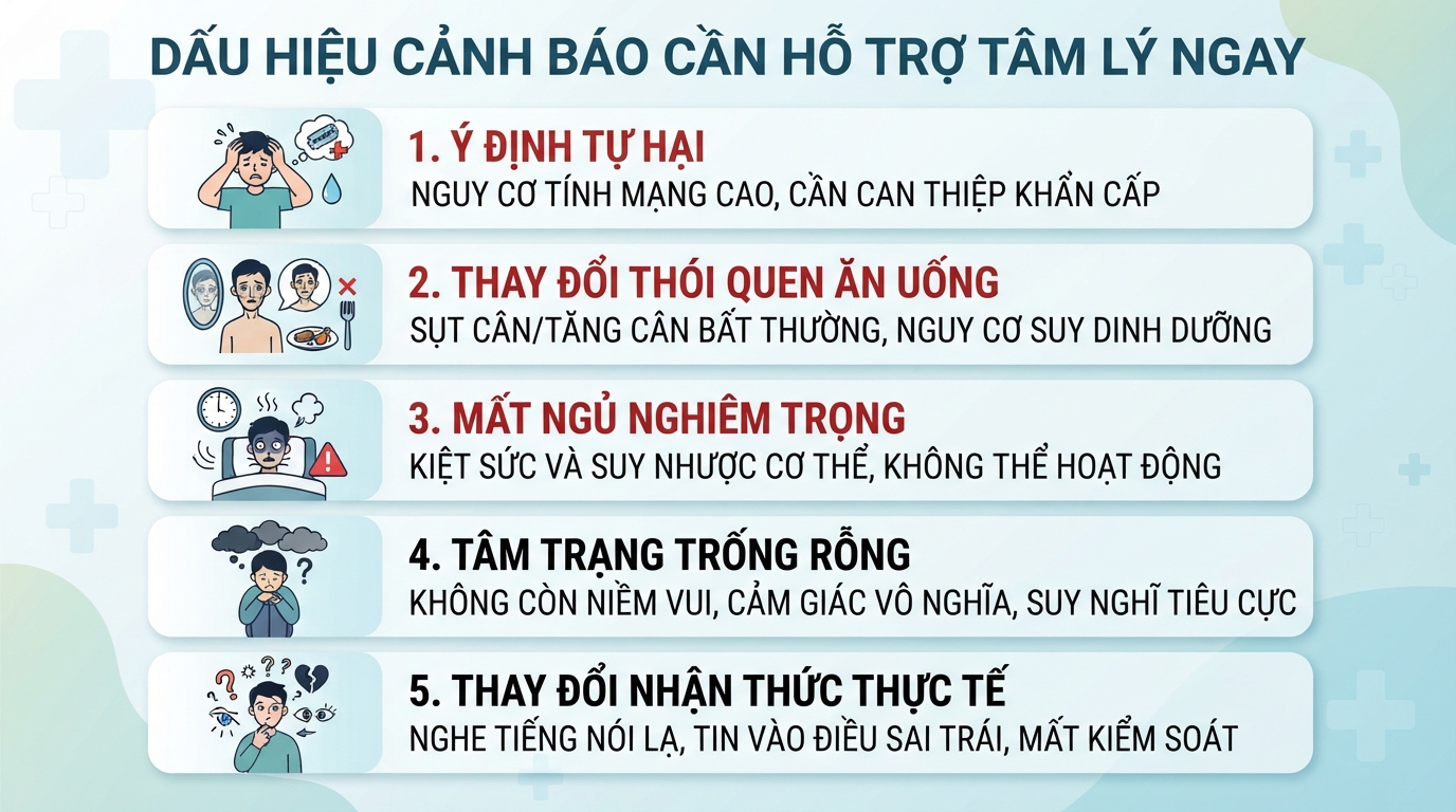 Các dấu hiệu lâm sàng cảnh báo cần tìm hỗ trợ chuyên môn tâm lý ngay.