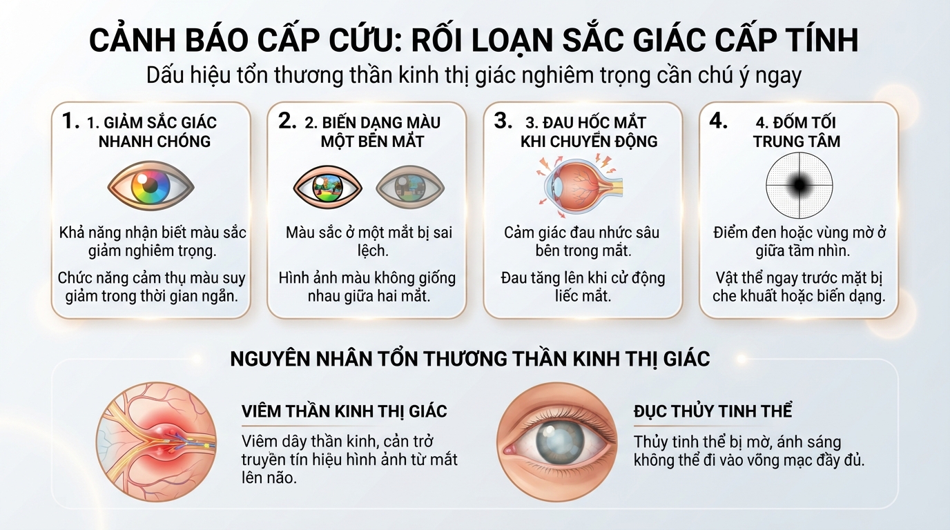 Các dấu hiệu rối loạn sắc giác cấp tính cảnh báo tổn thương thần kinh thị giác cần cấp cứu.