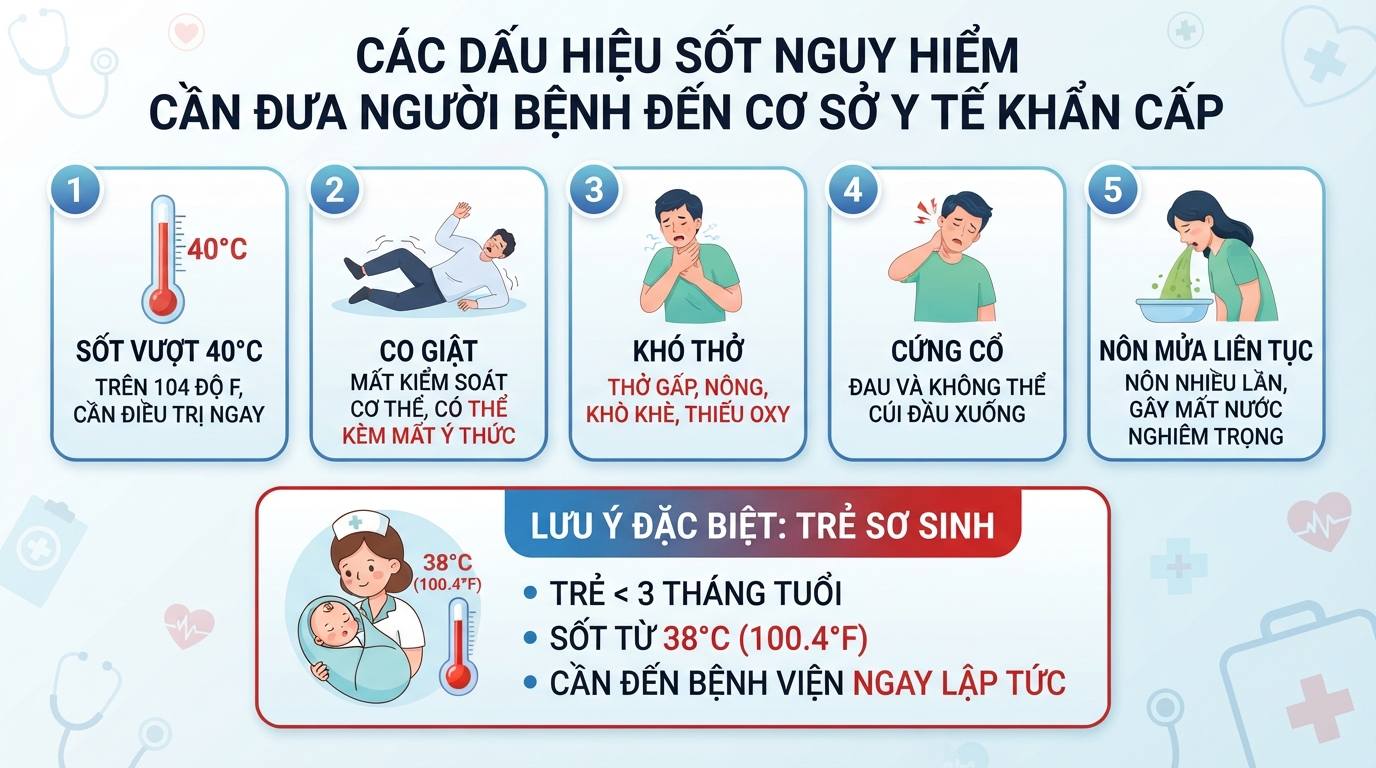 Các dấu hiệu sốt nguy hiểm cần đưa người bệnh đến cơ sở y tế khẩn cấp.
