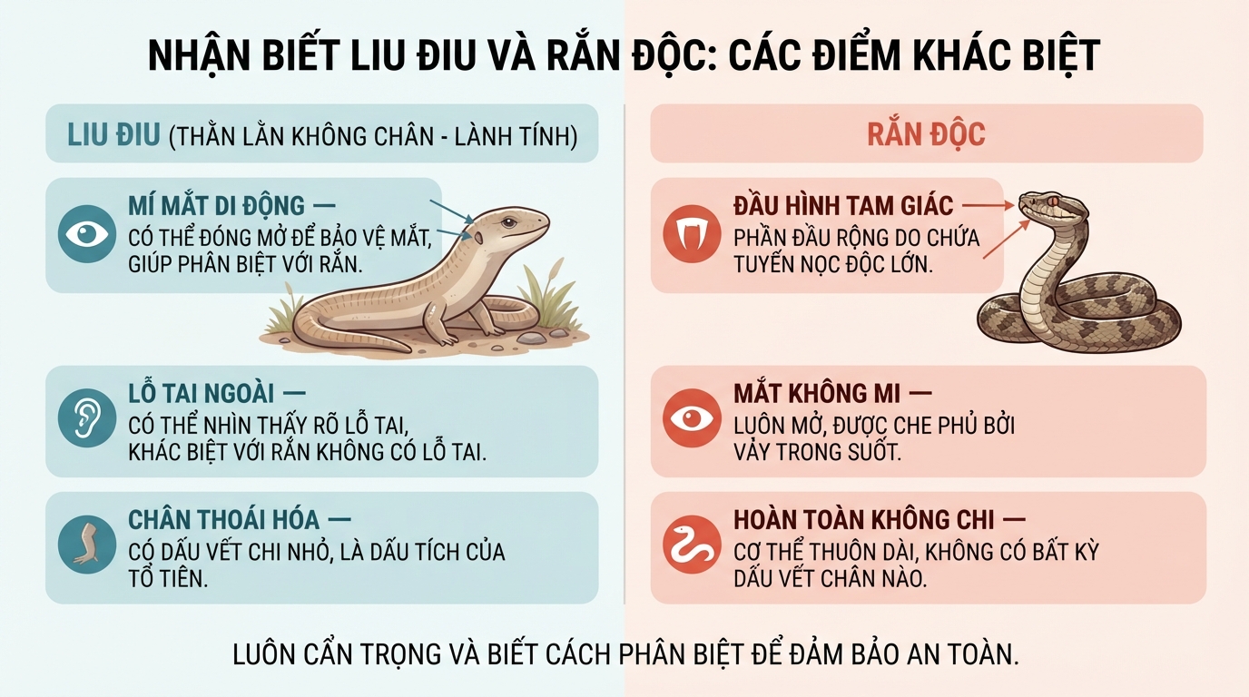 Các điểm khác biệt sinh học giúp dễ dàng nhận biết liu điu với rắn độc.