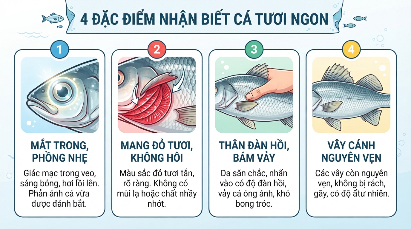 Các điểm quan sát giúp nhận diện nguồn hải sản đạt độ tươi chuẩn.