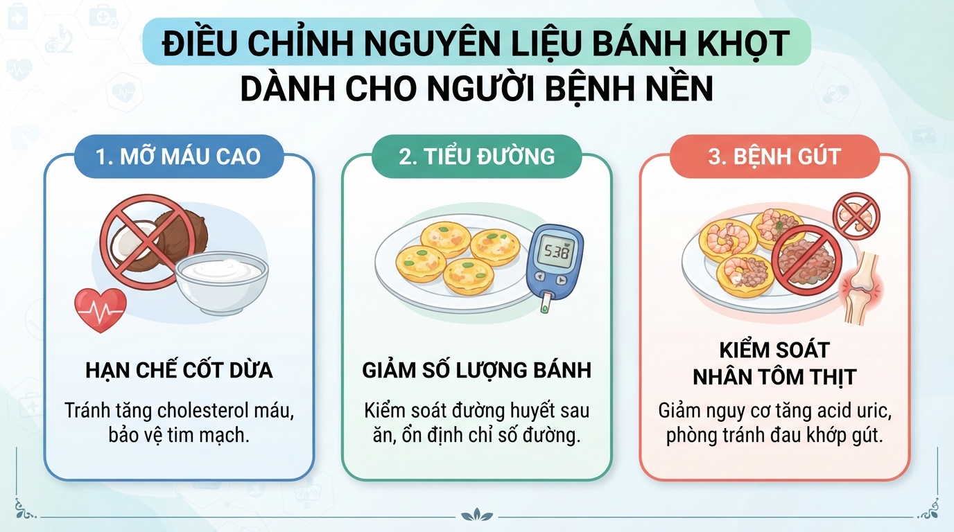 Các điều chỉnh nguyên liệu bánh khọt quan trọng dành cho người có bệnh lý nền.