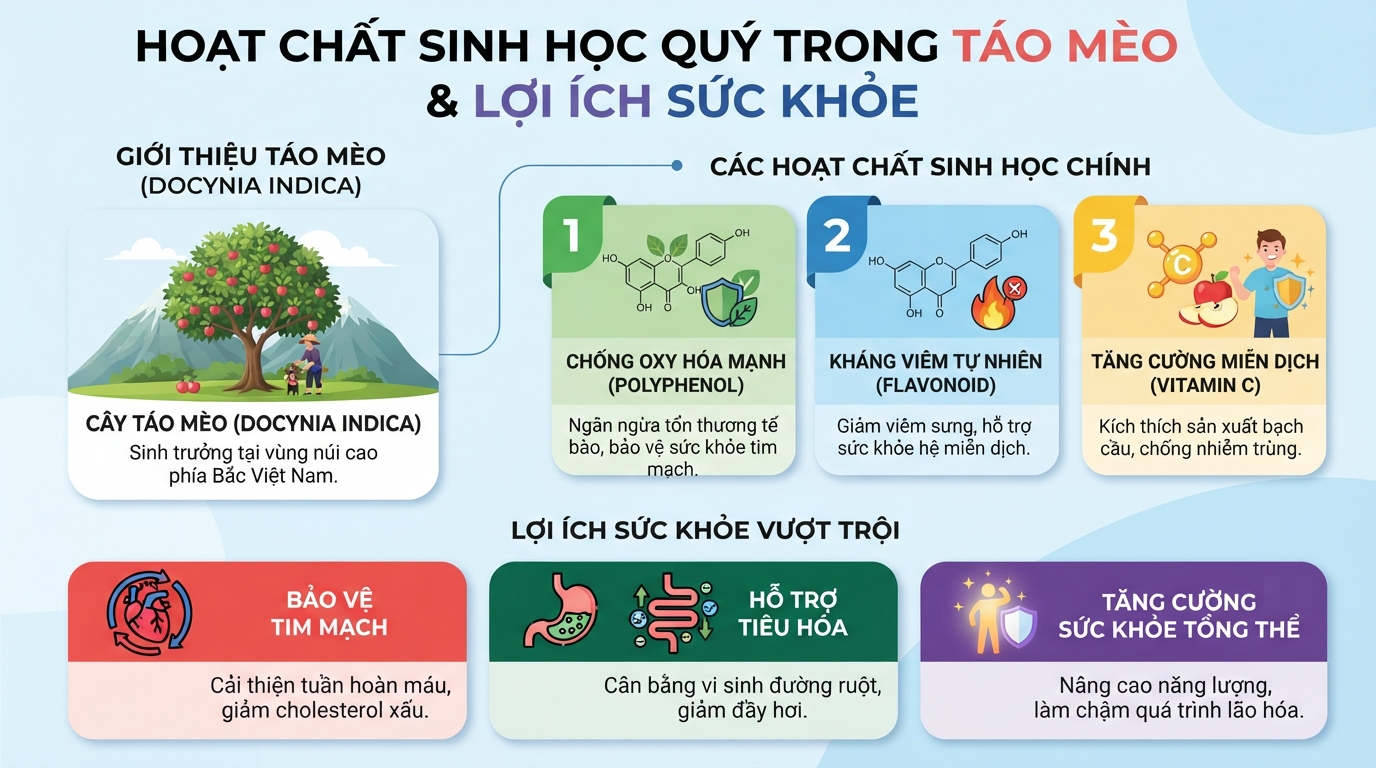 Các hoạt chất sinh học quý trong táo mèo giúp tăng cường sức khỏe và hệ miễn dịch.