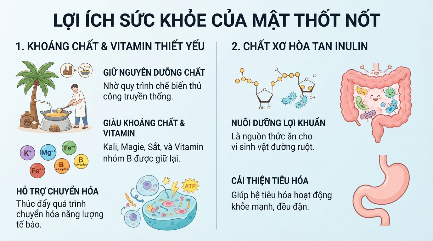 Các khoáng chất thiết yếu và vitamin nhóm B hỗ trợ chuyển hóa tế bào trong thốt nốt.