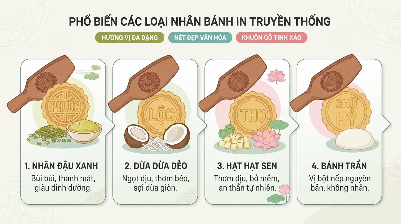 Các loại nhân bánh in phổ biến như đậu xanh và dừa dẻo được nén trong khuôn chữ hỷ.