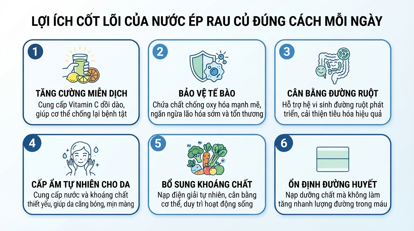 Các lợi ích chính của việc bổ sung nước ép rau củ đúng cách mỗi ngày.