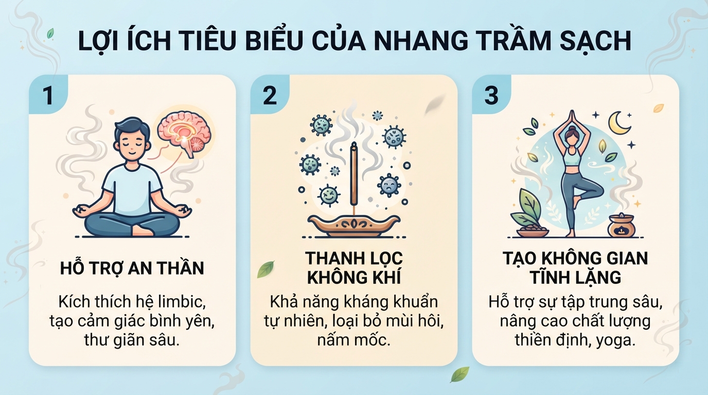 Các lợi ích tiêu biểu của nhang trầm sạch đối với sức khỏe tinh thần và không gian sống.