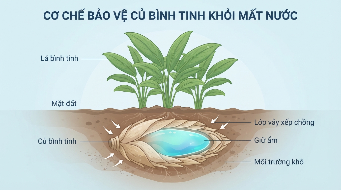 Các lớp vảy xếp chồng bảo vệ củ bình tinh khỏi mất nước trong lòng đất.