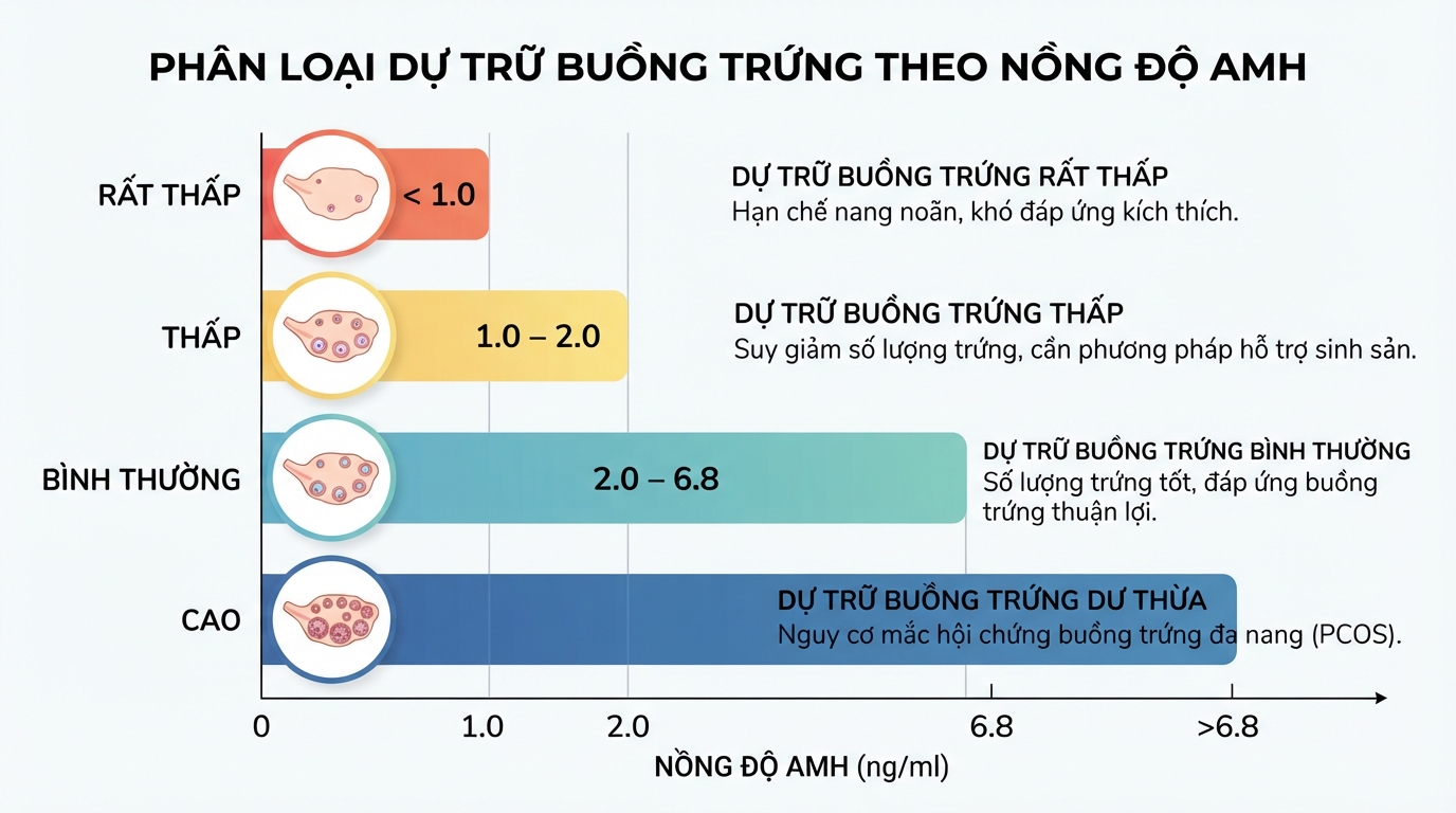 Các ngưỡng giá trị AMH giúp phân loại tình trạng dự trữ buồng trứng từ mức suy giảm đến lý tưởng.