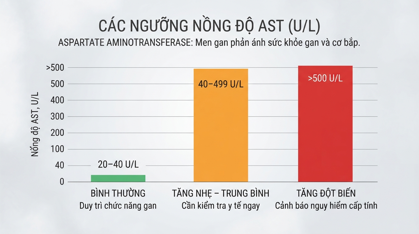 Các ngưỡng nồng độ AST từ mức bình thường đến cảnh báo nguy hiểm cấp tính.