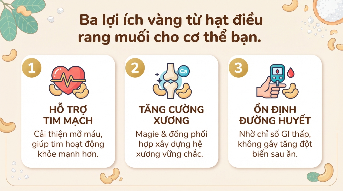 Hạt điều rang muối: Lợi ích sức khỏe và cách ăn hợp lý
