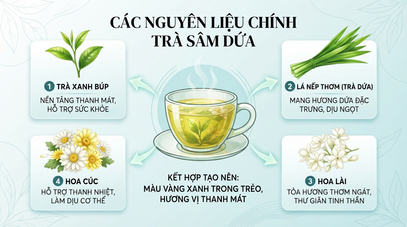 Các nguyên liệu thảo mộc chính tạo nên hương vị thanh mát của trà sâm dứa.
