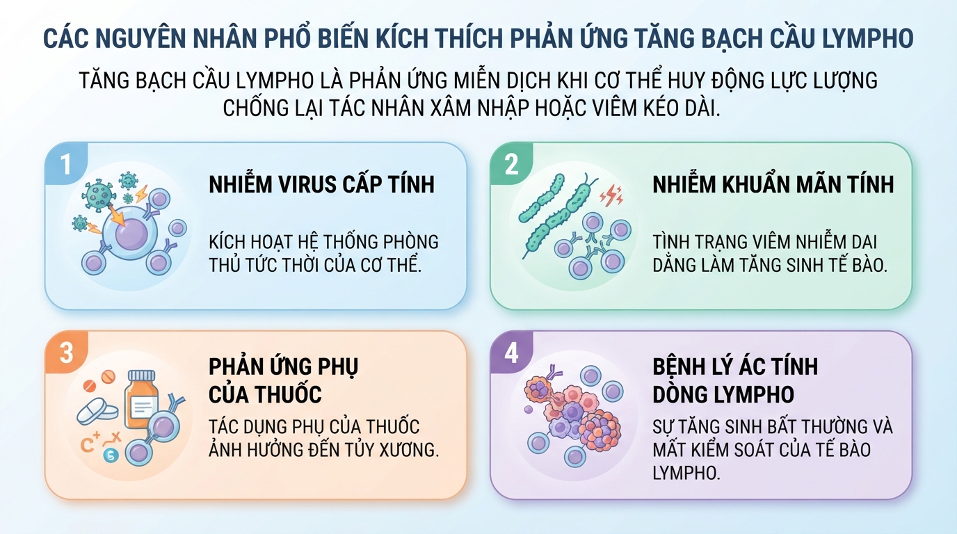 Các nguyên nhân phổ biến kích thích phản ứng tăng bạch cầu lympho.