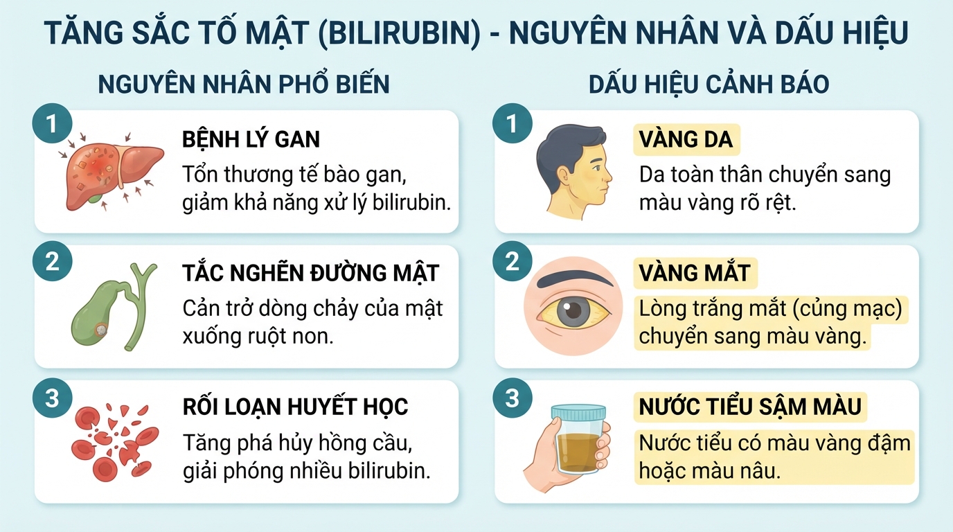 Các nguyên nhân phổ biến và dấu hiệu cảnh báo khi sắc tố mật tăng cao.