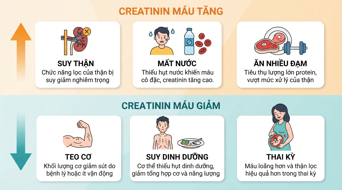 Các nguyên nhân phổ biến và ý nghĩa lâm sàng khi chỉ số creatinin máu biến động tăng giảm.