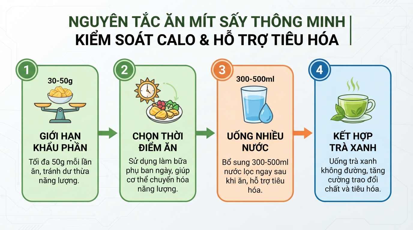 Các nguyên tắc kiểm soát calo và hỗ trợ tiêu hóa khi ăn hoa quả sấy.