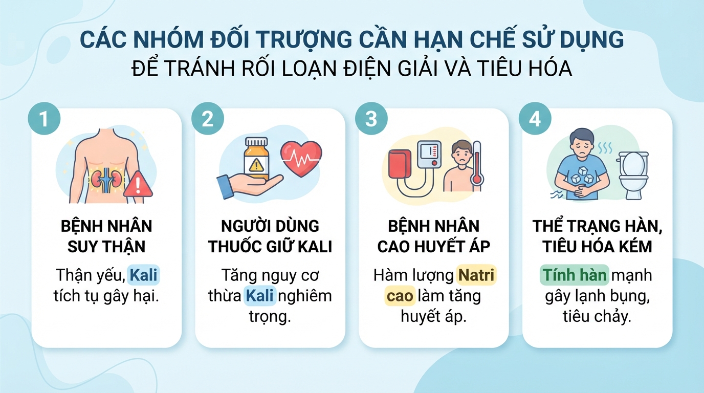 Các nhóm đối tượng cần hạn chế sử dụng để tránh rối loạn điện giải và tiêu hóa.