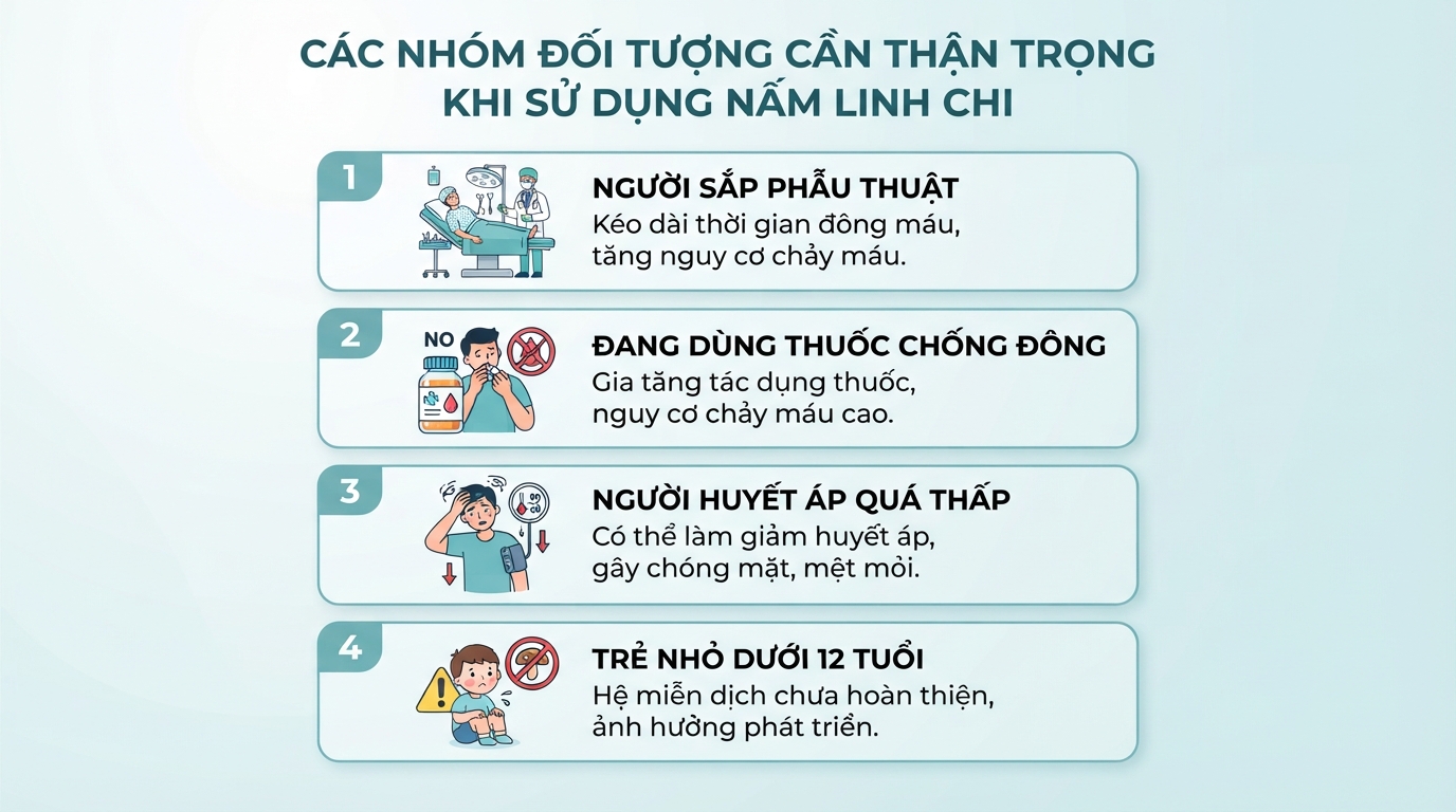 Các nhóm đối tượng cần thận trọng khi sử dụng nấm linh chi.