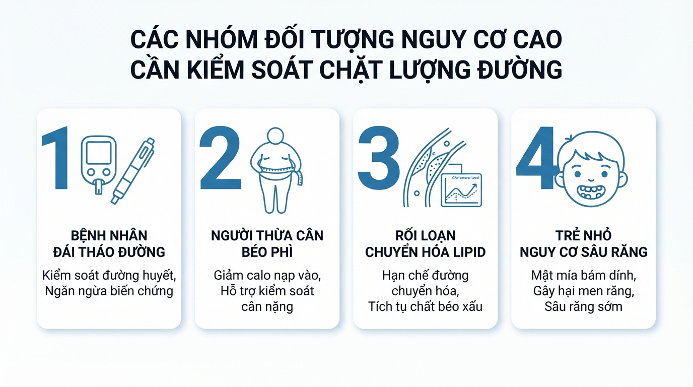 Các nhóm đối tượng nguy cơ cao cần kiểm soát chặt chẽ lượng đường nạp vào cơ thể.