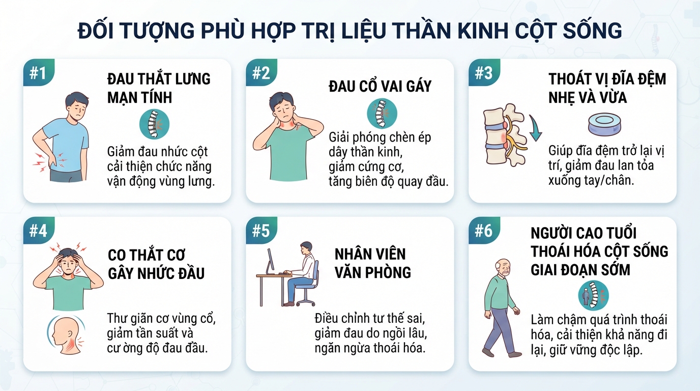 Các nhóm đối tượng phù hợp trị liệu thần kinh cột sống nhằm cải thiện vận động.