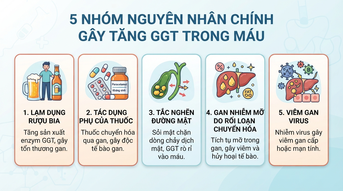 Các nhóm nguyên nhân phổ biến gây tăng nồng độ GGT trong máu bao gồm rượu bia.
