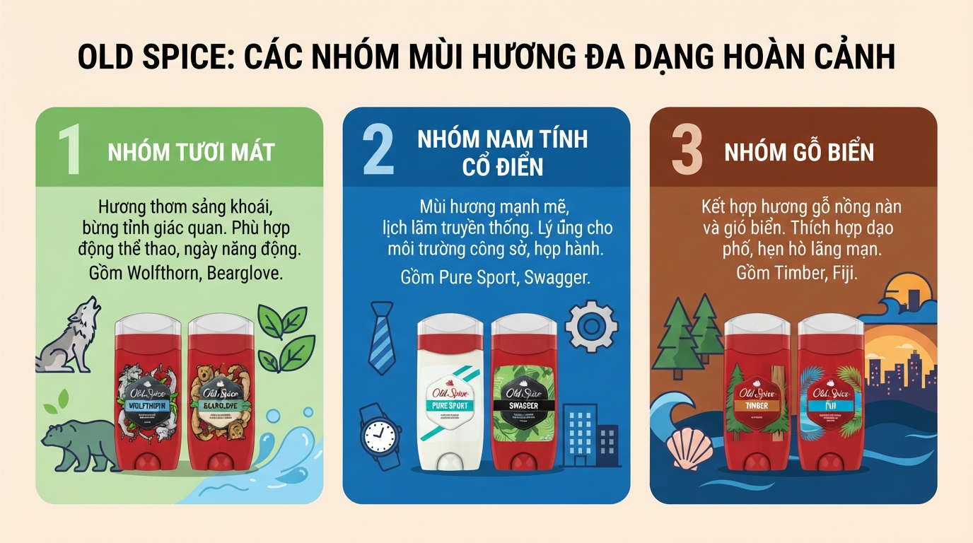 Các phân nhóm mùi hương đáp ứng đa dạng hoàn cảnh từ vận động đến công sở.