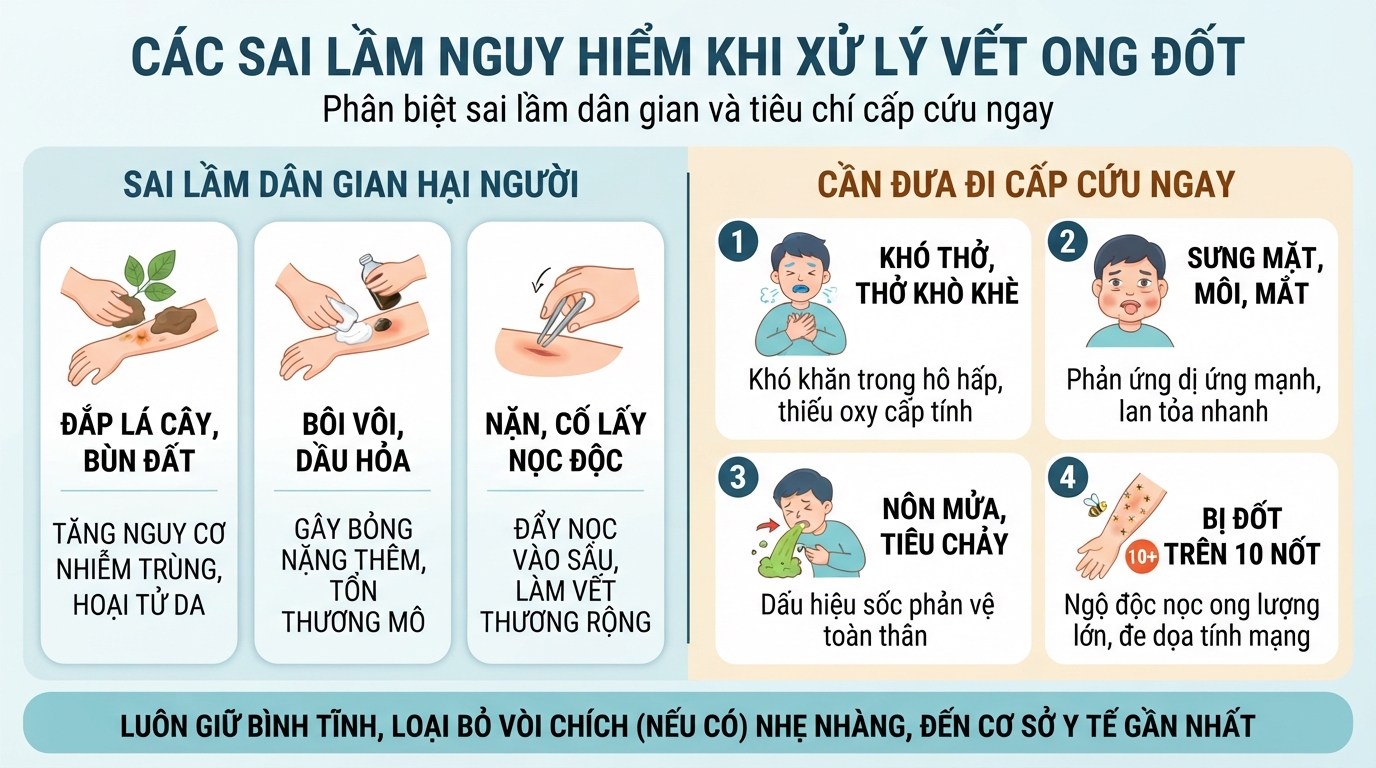 Các sai lầm nguy hiểm cần tránh tuyệt đối khi xử lý vết ong đốt.