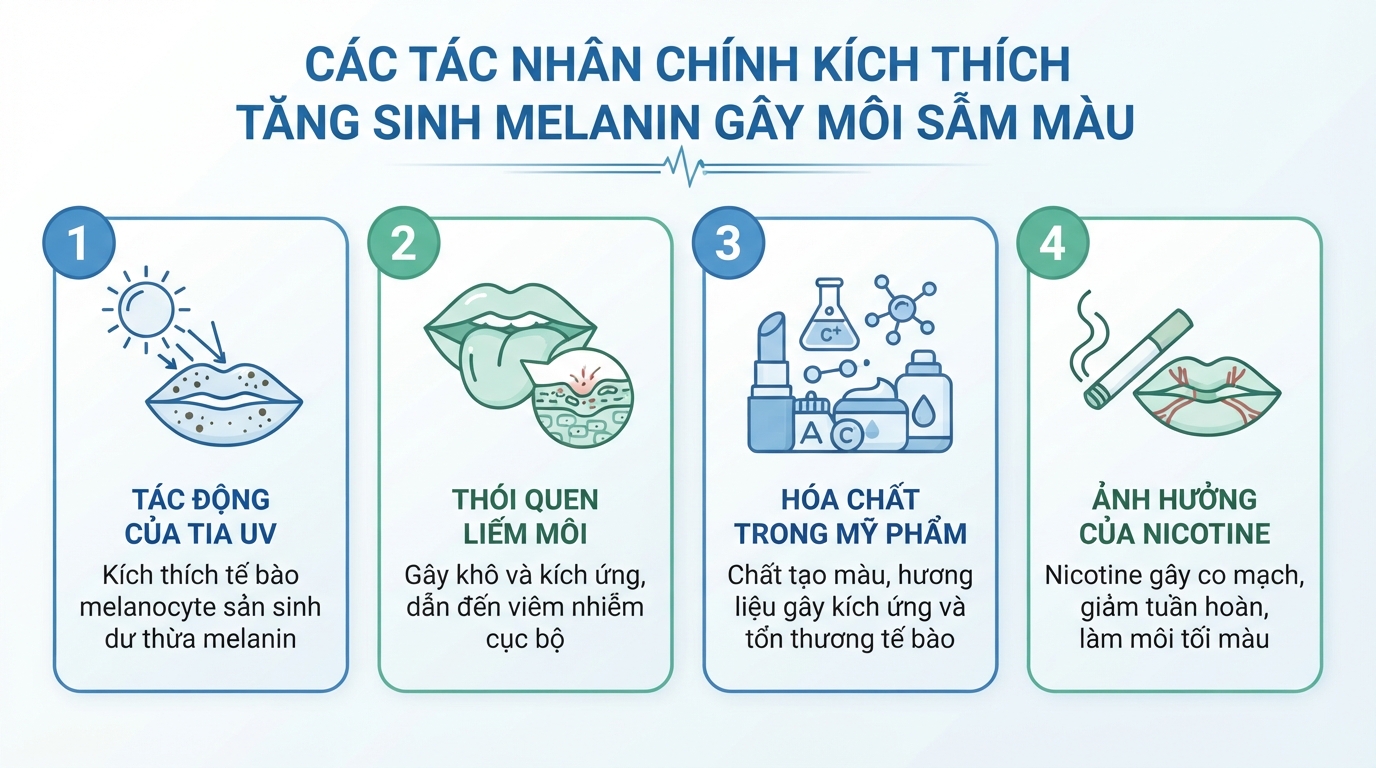 Các tác nhân chính kích thích tế bào melanocyte tăng sinh melanin gây ra tình trạng môi sẫm màu.