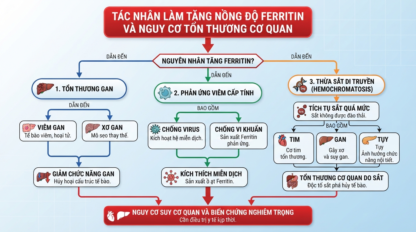 Các tác nhân làm tăng nồng độ ferritin cảnh báo nguy cơ tổn thương cơ quan.