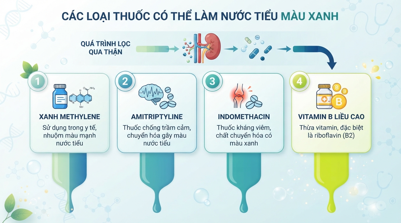 Các thuốc như xanh methylene hay amitriptyline có thể làm nước tiểu màu xanh.