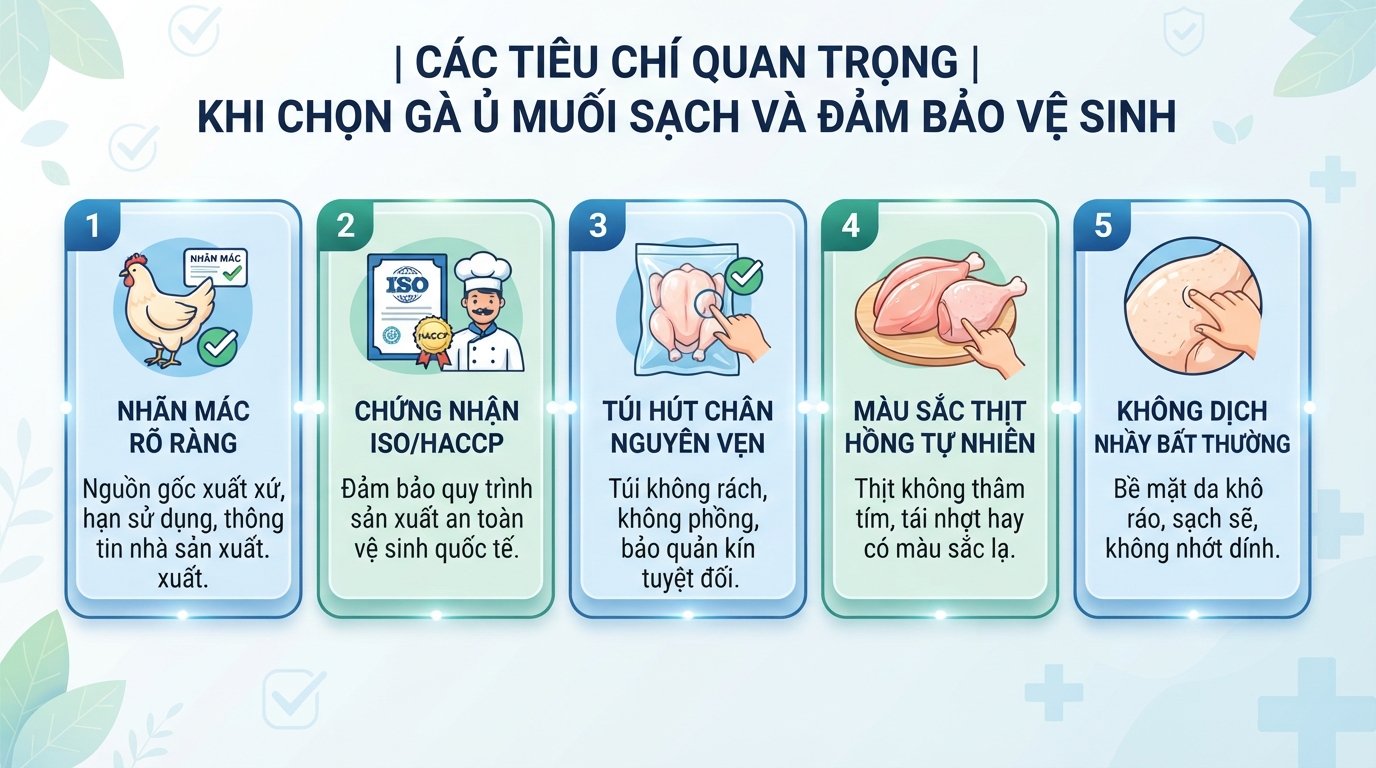 Các tiêu chí quan trọng khi chọn gà ủ muối sạch và đảm bảo vệ sinh.