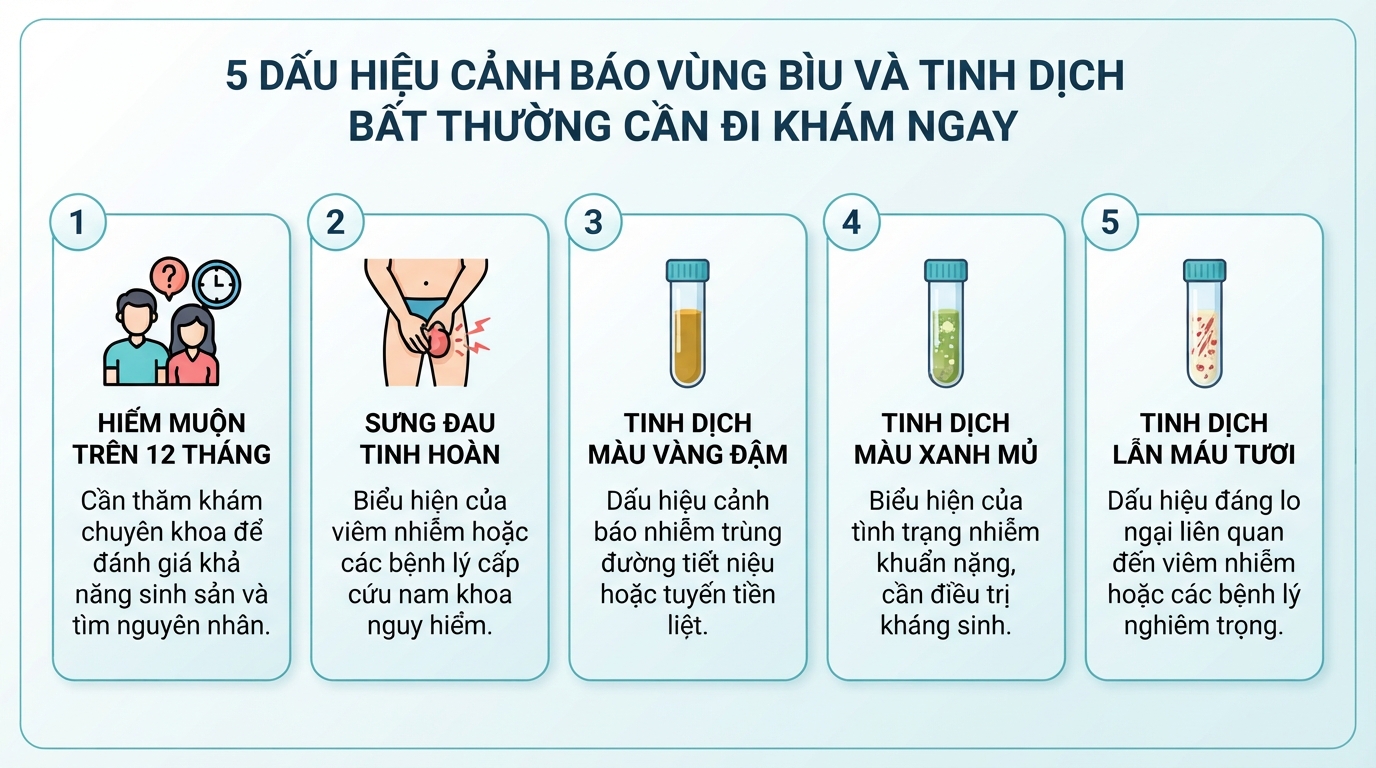 Các triệu chứng bất thường ở vùng bìu và tinh dịch cần đi khám ngay.