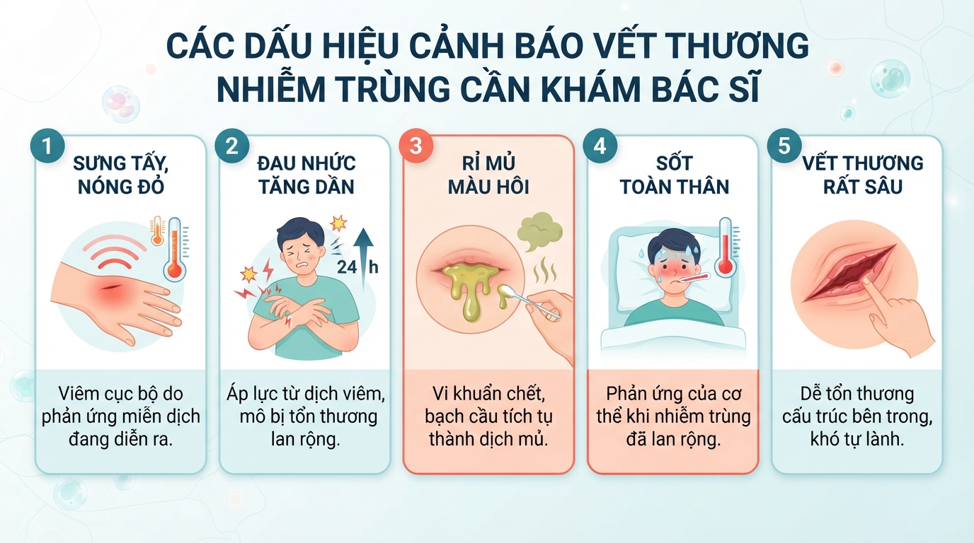 Các triệu chứng cảnh báo vết thương bị nhiễm trùng cần sự can thiệp y tế kịp thời.
