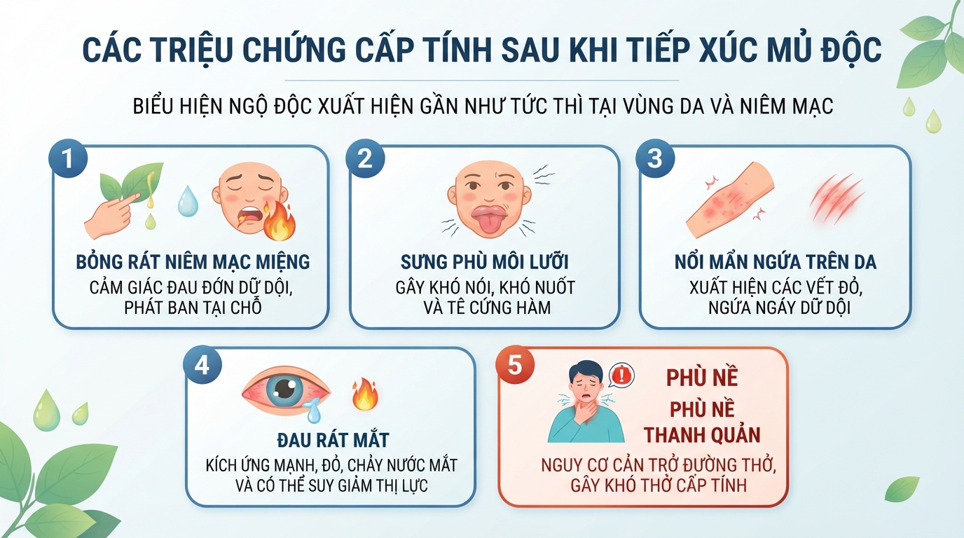 Các triệu chứng lâm sàng cấp tính xuất hiện ngay sau khi tiếp xúc mủ độc.