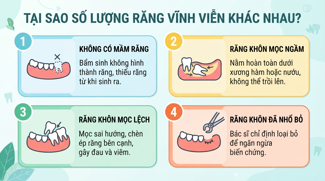 Các trường hợp phổ biến giải thích lý do số lượng răng vĩnh viễn ở mỗi người có sự khác biệt.