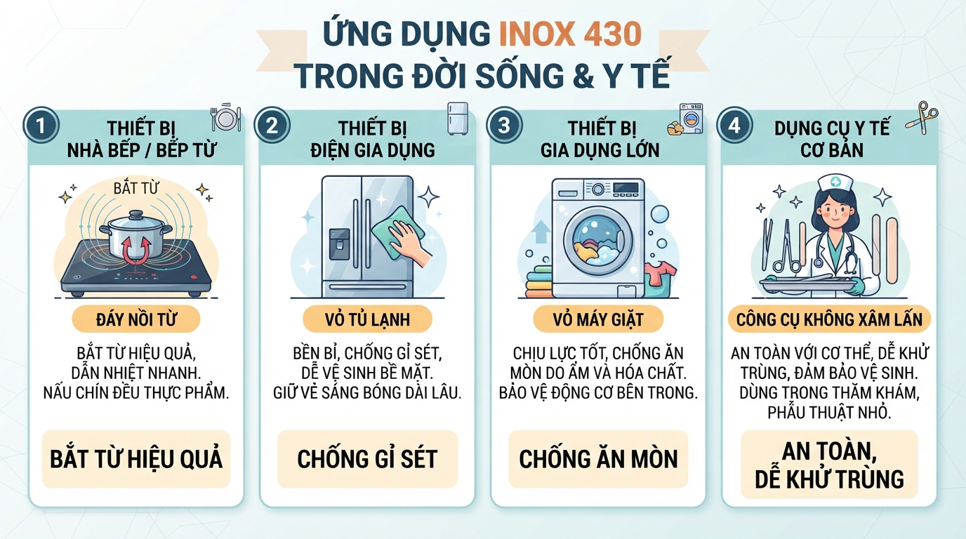 Các ứng dụng gia dụng và y tế phổ biến của vật liệu inox 430.
