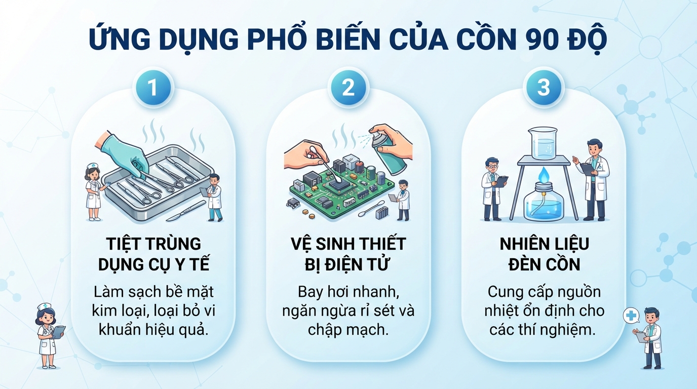 Các ứng dụng phổ biến gồm tiệt trùng dụng cụ y tế và vệ sinh thiết bị. Các ứng dụng phổ biến gồm tiệt trùng dụng cụ y tế và vệ sinh thiết bị.