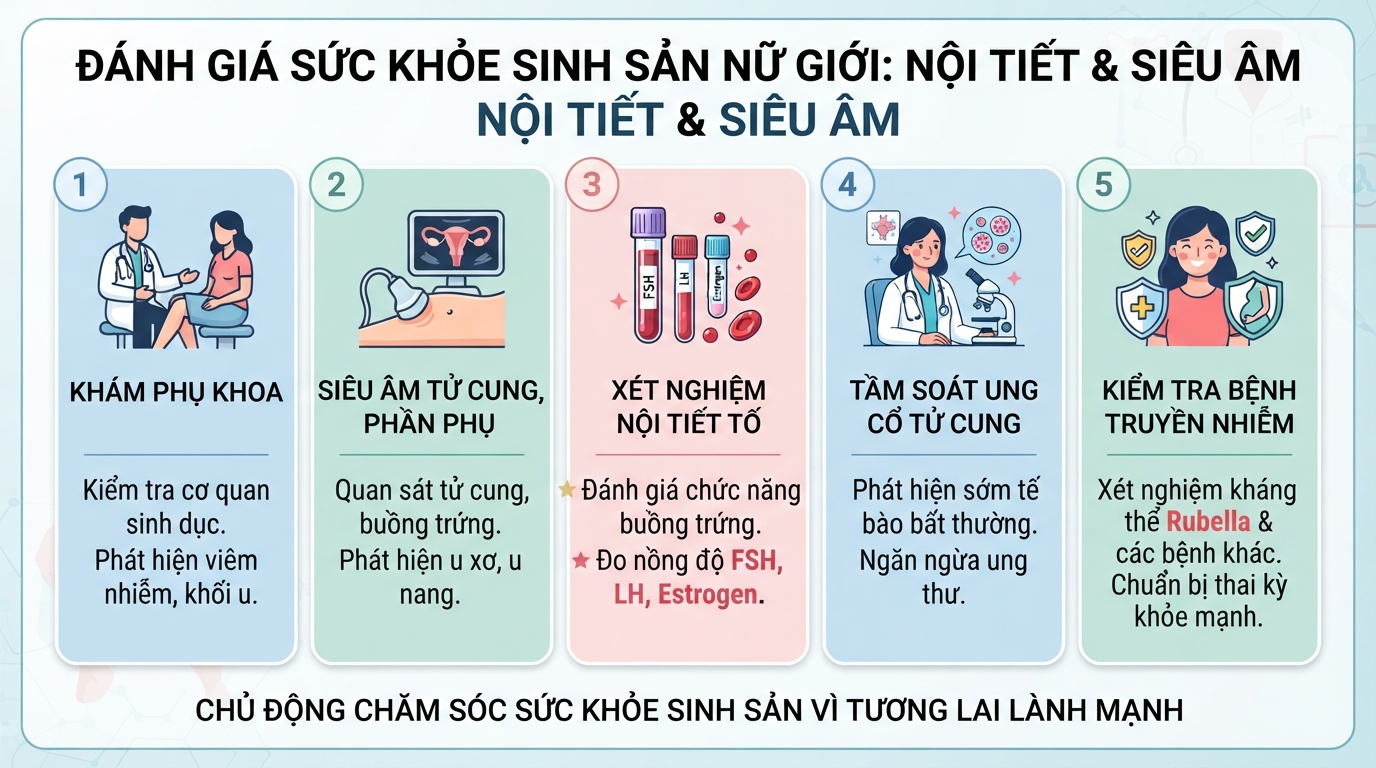 Các xét nghiệm nội tiết và siêu âm giúp đánh giá sức khỏe buồng trứng, tử cung phụ nữ.